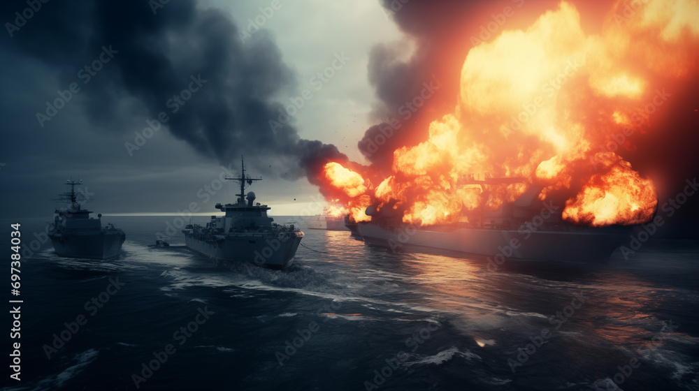 Fototapeta premium Modern naval combat. Disaster. Burning warship.