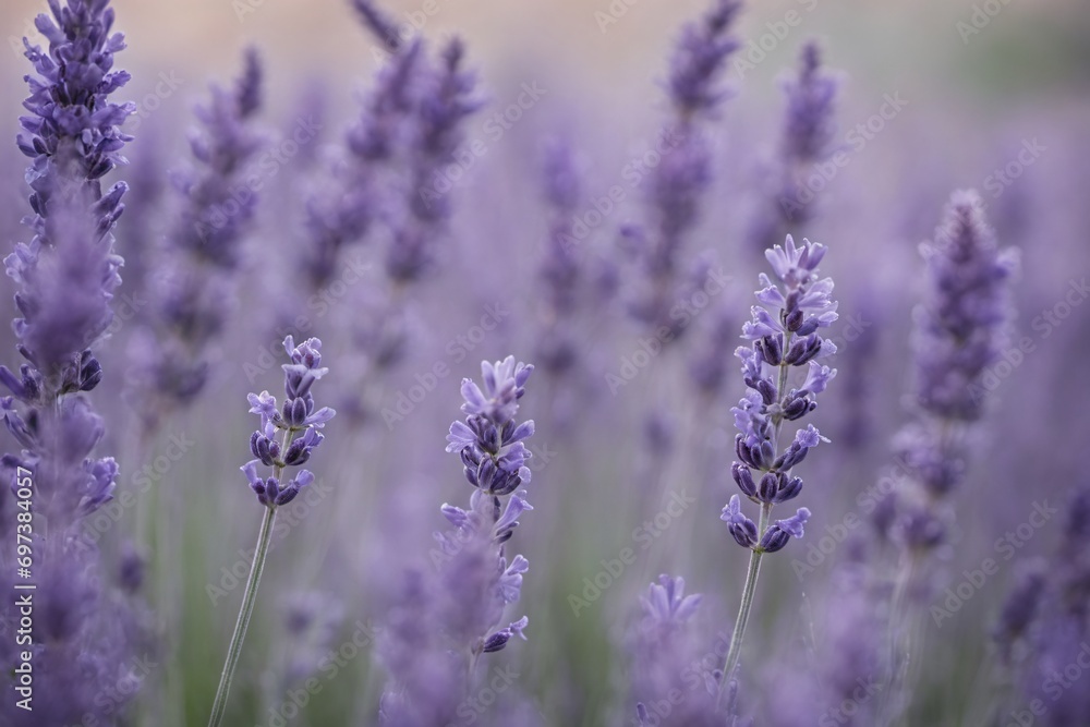 Violet lavender field. Lavanda purple flowers beautiful sunshine blooming in a garden, Latvia