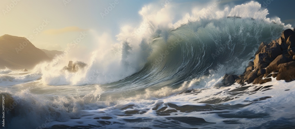 Naklejka premium Huge waves pound the rocks.