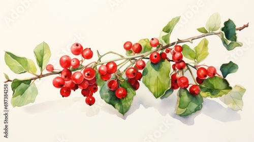  a branch of a tree with red berries and green leaves on it, painted in watercolor on a white background.