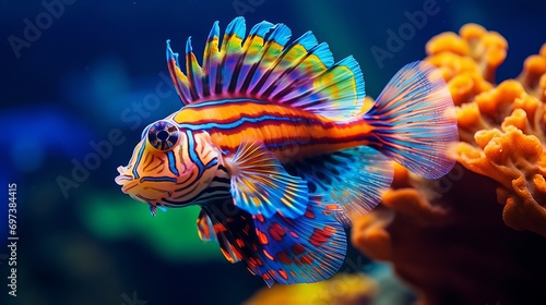 A stunning and vibrant mandarin fish. a close-up of the mandarin fish. it is also known as the manda fish. photo