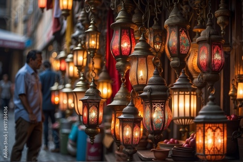 Turkish lanterns hanging from the ceiling in a market. The lanterns are predominantly gold and made of metal with intricate designs.