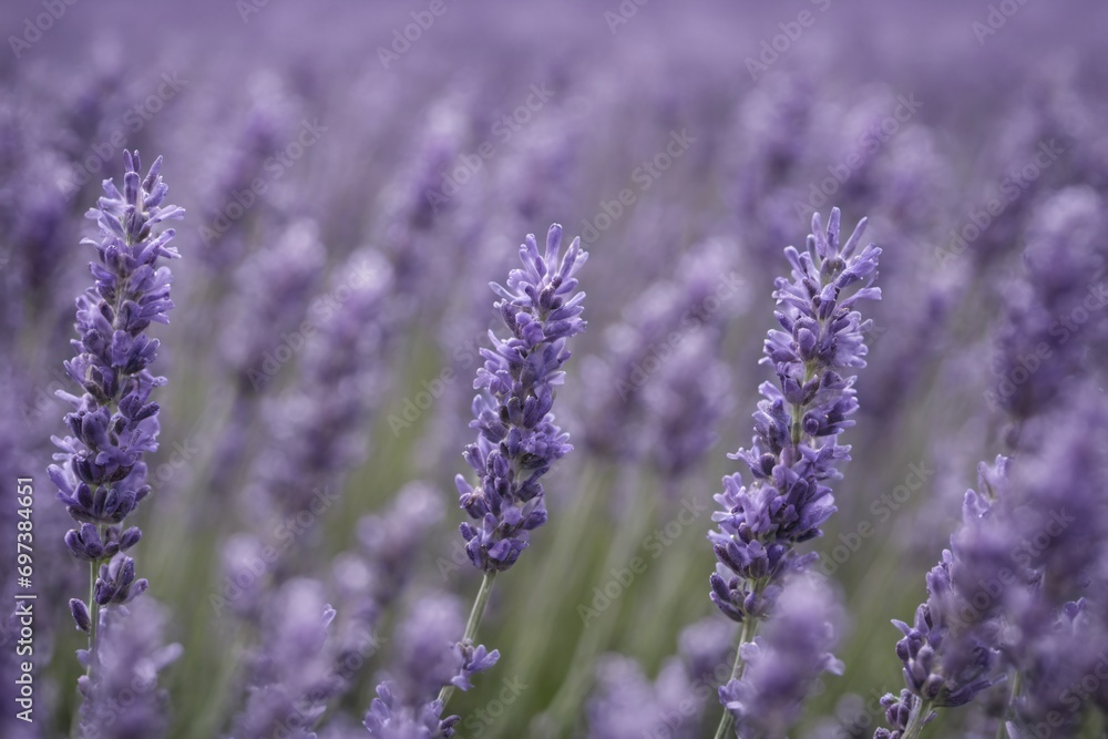 Obraz premium Violet lavender field. Lavanda purple flowers beautiful sunshine blooming in a garden, Latvia