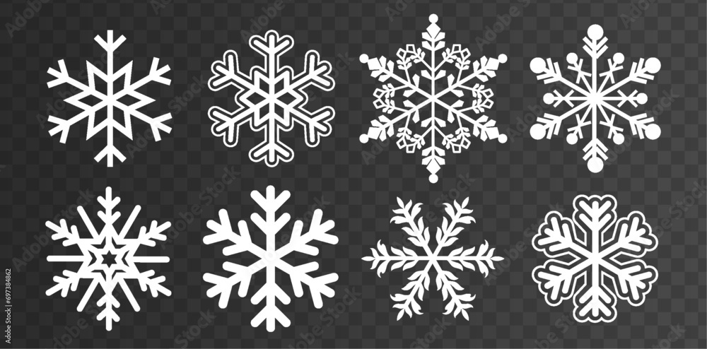 White snowflakes set on white background. Shining snowflake with glitter, sparkles and star. Christmas and New Year greeting card. Golden luxury design element. Holiday ornament. Vector illustration White snowflakes set on white background. Shining snowflake with glitter, sparkles and star. Christmas and New Year greeting card. Golden luxury design element. Holiday ornament. Vector illustration