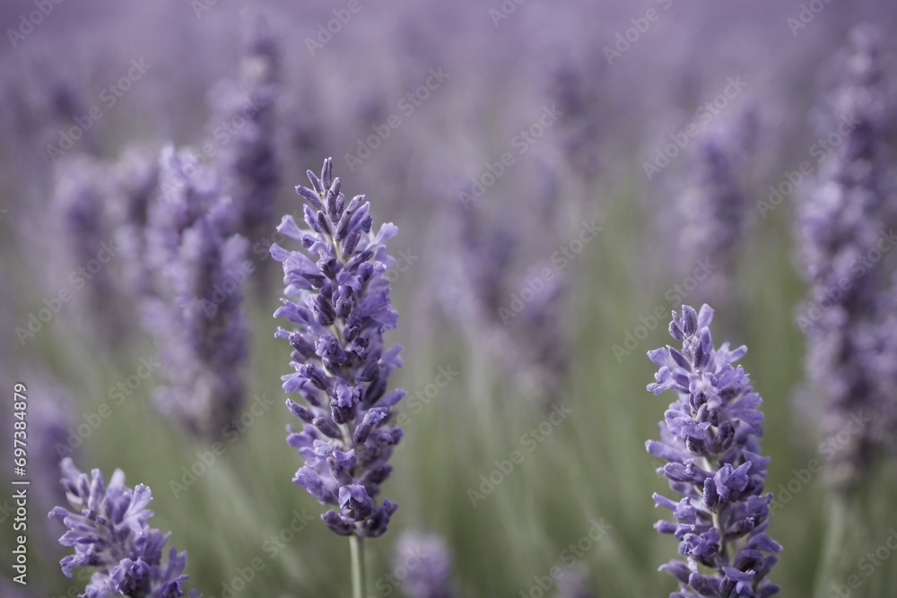 Obraz premium Violet lavender field. Lavanda purple flowers beautiful sunshine blooming in a garden, Latvia