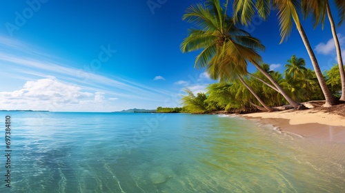 A view of the beach with blue water and palm trees in the natural setting on the ocean.