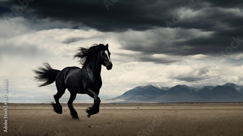  a black horse running in a field with mountains in the background and clouds in the sky in the foreground.