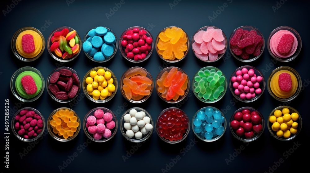  a group of plastic containers filled with different types of candies next to each other on top of a black surface.