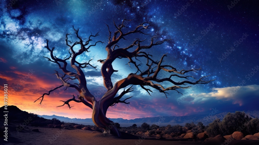a dead tree in the middle of a desert under a night sky filled with stars and a star filled sky. a dead tree in the middle of a desert under a night sky filled with stars and a star filled sky.