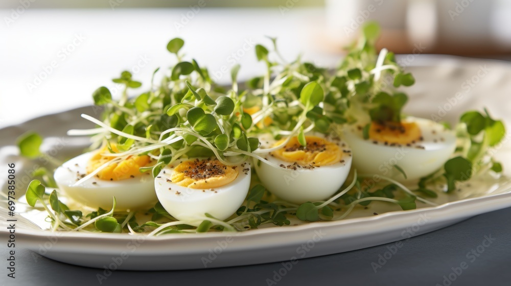 a white plate topped with deviled eggs and sprouts of green sprouts on top of it. a white plate topped with deviled eggs and sprouts of green sprouts on top of it.