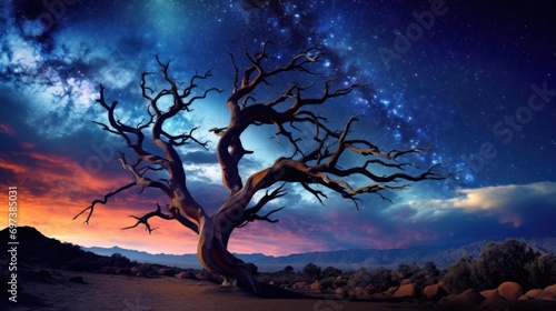  a dead tree in the middle of a desert under a night sky filled with stars and a star filled sky.