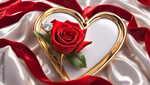 Medal of embossed red love heart with red rose on taffeta velvet photo