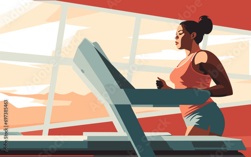 A woman with dark skin running on a treadmill at a modern gym.