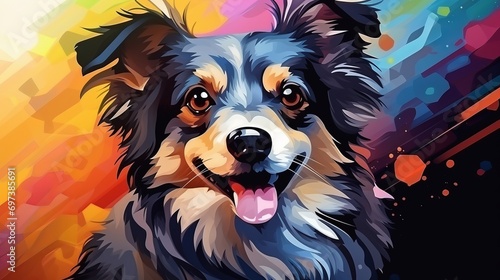 The dog is cute and has a colorful abstract background
