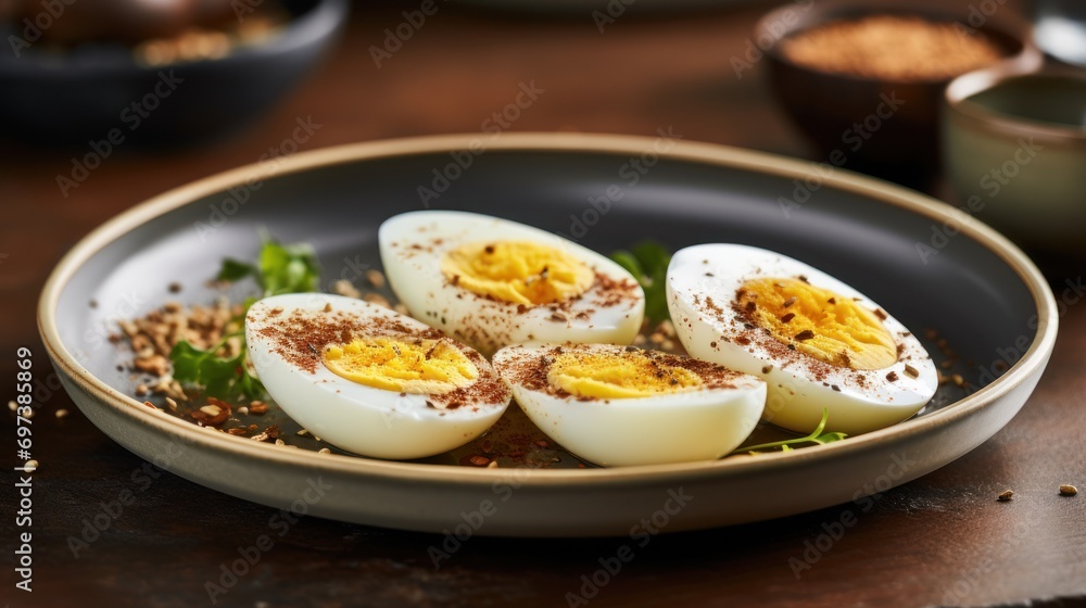  a close up of a plate of food with hard boiled eggs on top of a bed of lettuce.