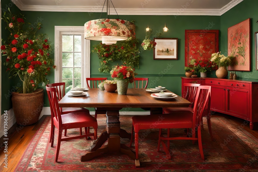 Envision a cozy dining area accented by red and green walls, a hardwood floor, and a charming rug. The wooden table set adorned with fresh flowers creates an inviting atmosphere, illuminated perfectly