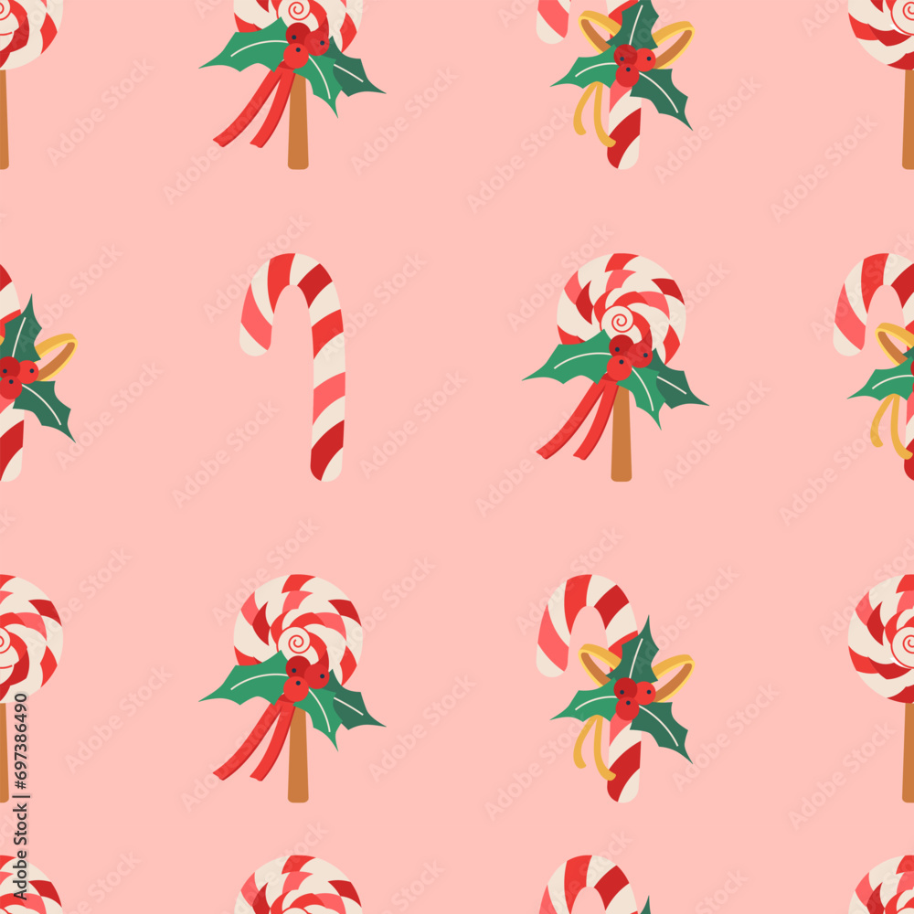 Christmas pattern with lollipop with ribbon, berries, and mistletoe leaves. Christmas pattern with lollipop with ribbon, berries, and mistletoe leaves.