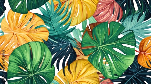  a bunch of tropical leaves with green and yellow leaves on the bottom of the leaves  on a white background.