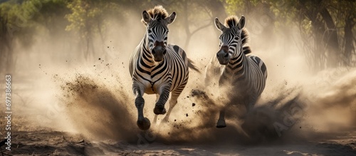 A frustrated zebra kicks another in a dusty section of Kanana, Okavango Delta, Botswana. photo