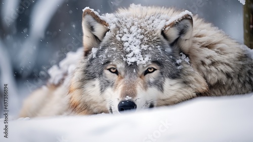 A close-up of a sleeping alaskan tundra wolf in hokkaido  japan with snow covering its body.