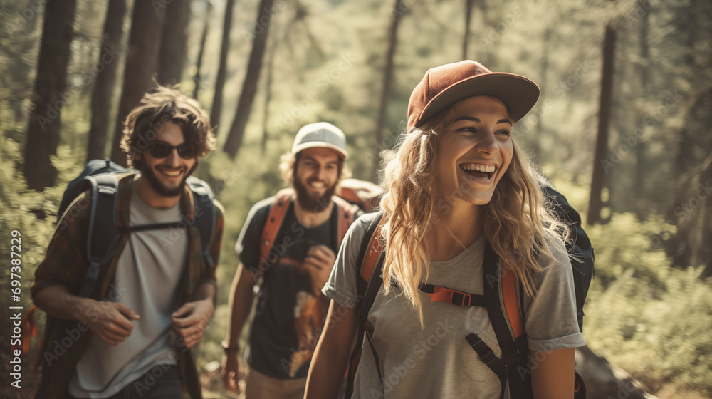 Fototapeta premium Group of friends hiking together outdoors exploring the wilderness 