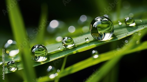  a close up of water droplets on a green blade of grass with water droplets on the blades of the grass.