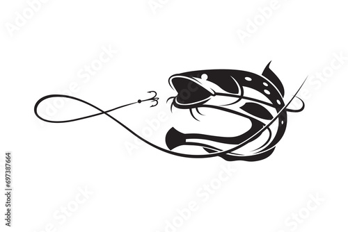 fishing emblem with catfish and hook isolated on white background