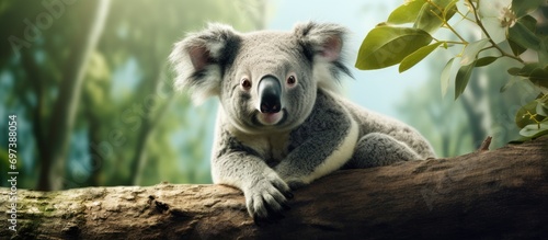 Zoo koala perched on a tree.
