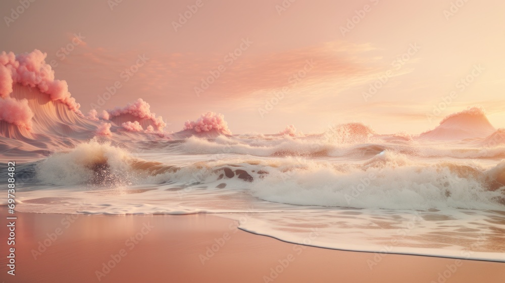  a painting of a beach with waves crashing on the shore and pink clouds in the sky over the water and mountains in the distance.