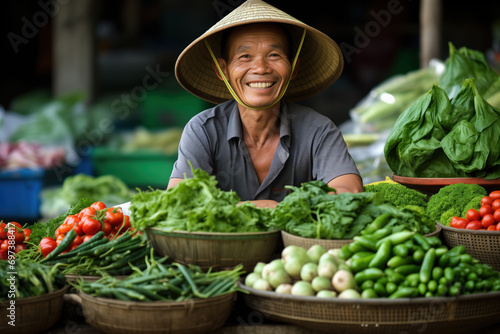 a happy market owner looking of their fresh vegetables