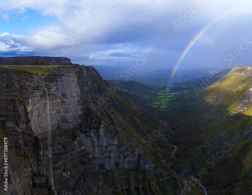 Nervión waterfall. Rainbow in the Ayala Valley and the Nervion River waterfall, Euskadi.