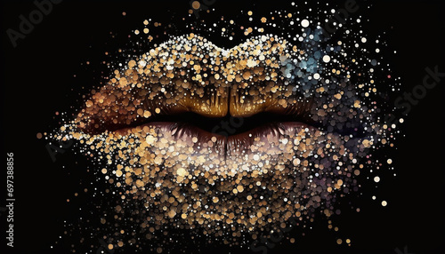 Lips on a black background and a lot of multi-colored sparkles. Generative AI,