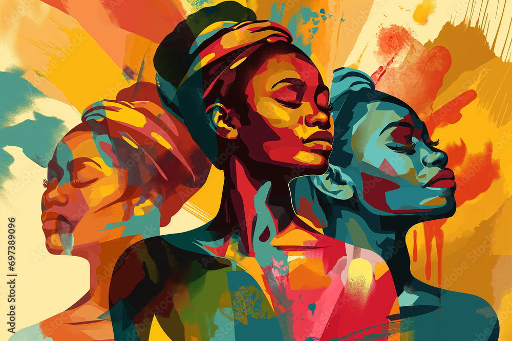Black History Month - A colorful illustration for the Africans' concept of Africa Day, depicting a woman and the colors represent the unique colors of Africa