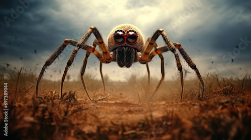 Giant spider walks on dry grass field. Postproducted generative AI illustration. photo