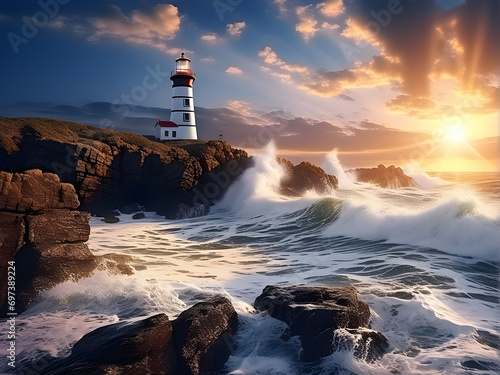 The lighthouse stands on a cliff near the ocean. Beautiful evening sunset on the sea. Sea waves near the shore.