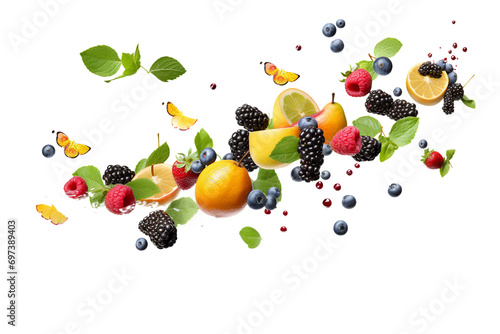different fruits flying isolated on transparent background