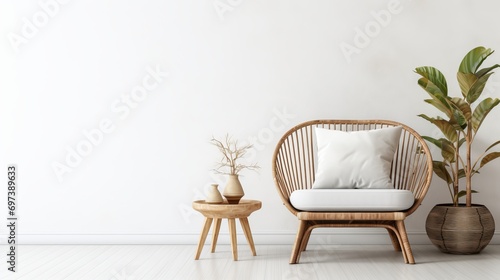 The interior has wooden chairs and a white wall background, giving it a bohemian vibe.
