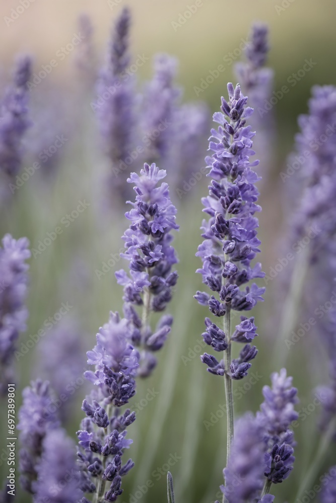Naklejka premium Violet lavender field. Lavanda purple flowers beautiful sunshine blooming in a garden, Latvia