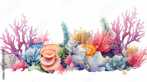 Watercolor illustrations of tropical fish, sea corals, sponges, and algae on a corner frame are used to design and decorate banners, information postcards, posters, beach accessories, and