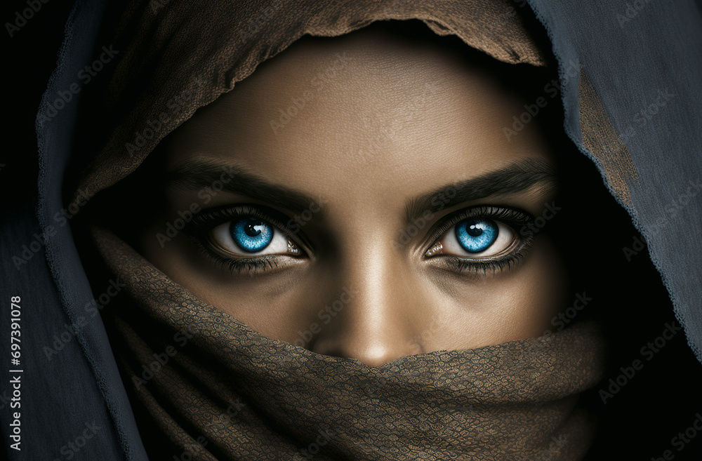 Naklejka premium The eyes of a Muslim woman are a beautiful oriental woman. Generative AI,