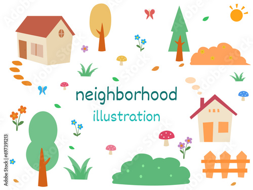 Neighborhood illustration with houses, trees, flowers and plants in a village. Cute doodle for children in flat style design.