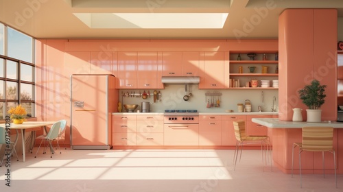 A kitchen, peach fuzz color, orange and pink shades photo