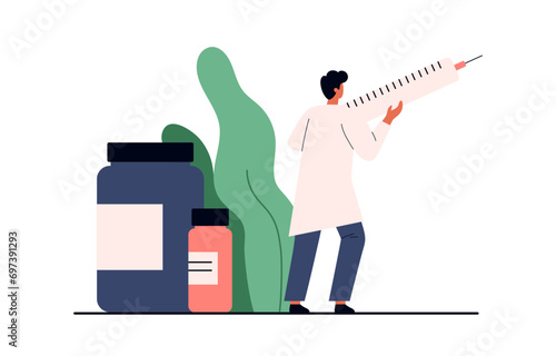 Tiny doctor holding syringe for injection. Doctor with medications. Medicine, treatment, and health care concept. Vector illustration in cartoon style. Isolated on white background.