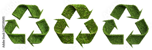 Set of recycling symbols made from grass texture cut out on a transparent background. Concept for recycling bottles or clothes. Design element on ecology theme photo