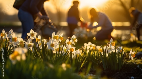 Spring is the time of year when people gather narcissus flowers in cauvery, france. photo