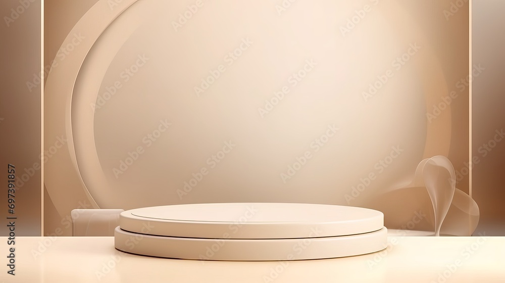 The podium, which is luxurious and has a stylish beige background, features products and cosmetics, with a smooth circle in its center. The podium, which is luxurious and has a stylish beige background, features products and cosmetics, with a smooth circle in its center.