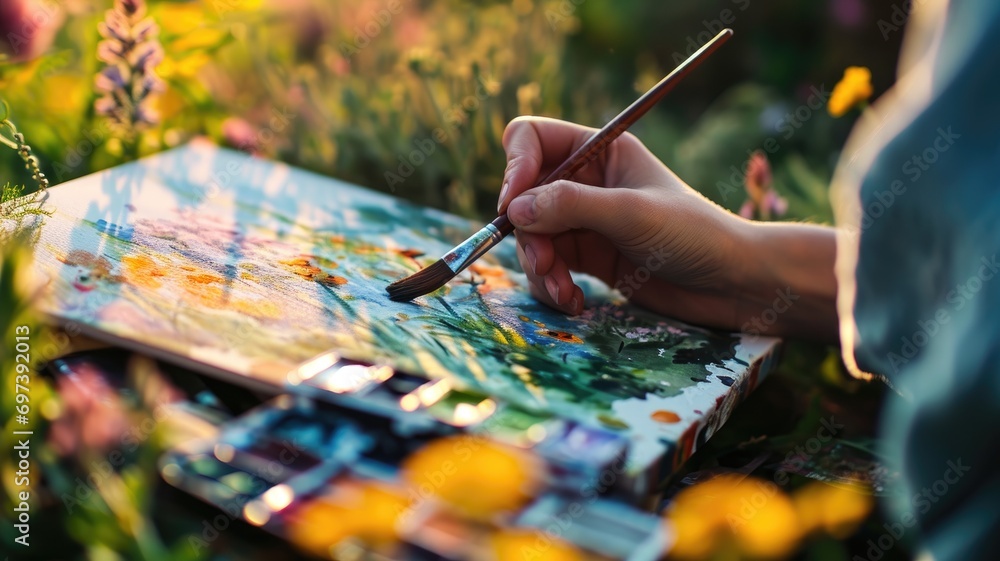 Artist painting on a canvas surrounded by nature at sunset