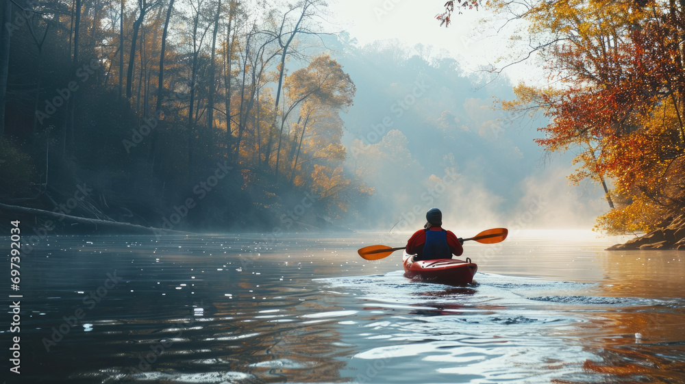 Kayaker paddling on a serene river flanked by autumn trees