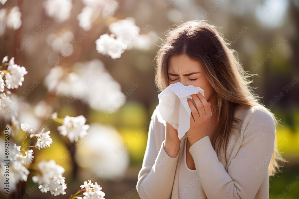 Sneezing woman with paper tissue in fornt of blooming spring flowers. Pollen allergy concept Sneezing woman with paper tissue in fornt of blooming spring flowers. Pollen allergy concept