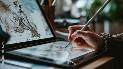 Artist using a digital tablet and stylus to draw a portrait